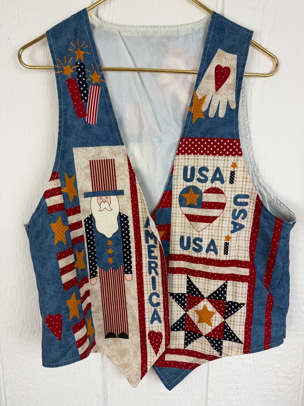 Vintage Americana Folk Art Vest Uncle Sam USA Patriotic Quilted Print